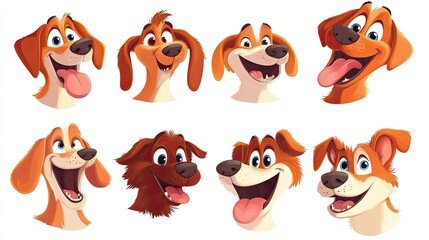 Obraz premium A fun set of cartoon dog faces, showcasing different breeds with joyful expressions, placed on a white background.