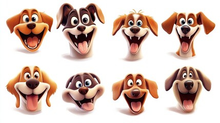 A fun set of cartoon dog faces, showcasing different breeds with joyful expressions, placed on a white background.