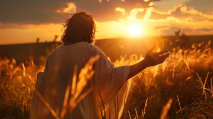 Rear view of Jesus Christ stretching out his hands and praying at sunset