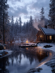 Obraz premium A rustic cabin sits beside a tranquil lake, enveloped by snow-covered pine trees. Smoke drifts from the chimney as twilight casts a soft glow over the scene.
