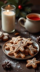 Fototapeta premium Gingerbread Cookies Lying On Wooden Table, Christmas bakery