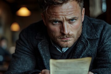 Intense portrait of a man reading in dimly lit room