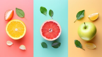 Naklejka premium Clean lines and fresh colors define this minimalist spring fruit layout