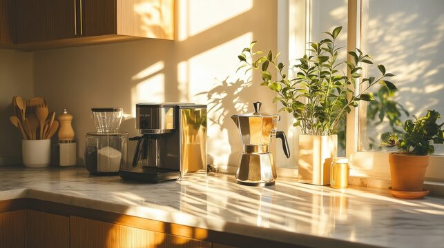 A kitchen counter with coffee makers and plants. Perfect for a blog about morning routines, coffee culture, or minimalist kitchens.