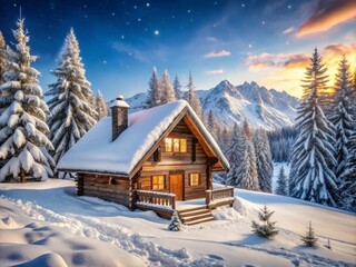 Fototapeta premium Breathtaking Winter Landscape Featuring a Timber Cabin Chalet Surrounded by Snow-Covered Trees in a Serene Mountain Setting