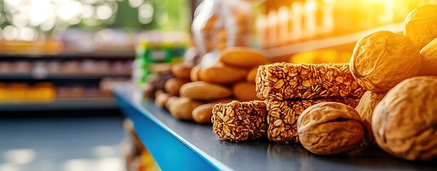 Fototapeta premium Healthy snack aisle with nuts, granola, and organic bars, clean and vibrant, healthy snacks, supermarket health section