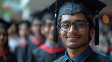 Fototapeta premium A proud graduate smiles bright amidst a sea of classmates during a university ceremony in spring. Generative AI