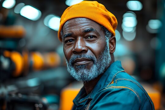 Confident senior man in orange hat working in industrial setting