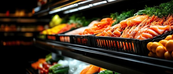 Supermarket seafood section with fresh fish and seafood on ice, welllit and fresh, seafood display, fresh food market