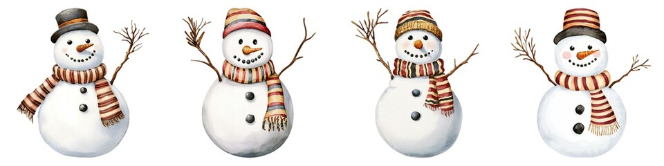 Watercolor Four cheerful snowmen, each adorned with unique hats and scarves, waving joyfully. Their playful expressions evoke the festive spirit of winter celebrations.