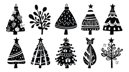 Set of isolated Christmas trees decoration ornaments in cute doodle hand-drawn graphic illustration style on a transparent background. Volume 1: Black silhouette style.