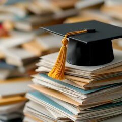 Meticulously Captured Mortarboard Atop Scholarly Journals Celebrating Academic Mastery