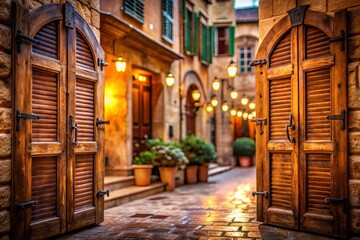 Fototapeta premium Captivating Bokeh Effect of Wooden Double Doors in Quaint Town Square with Shutters, Showcasing the Charm of an Old Building and the Serenity of a Historic Setting