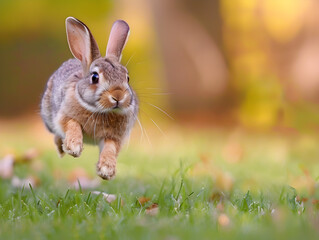 Fototapeta premium Adorable bunny with floppy ears hops through lush field, captured in vintage style photography.