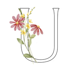 Floral alphabet, letter U with watercolor flowers and leaf. Monogram initials perfectly for wedding invitations, greeting card, logo, poster and other design. Hand painting.