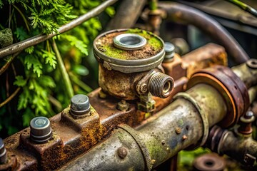 Captivating Close-Up of the Brake Master Area of a Vintage 1979 Datsun Car, Showcasing Its Dirty and Rusty Texture in a Beautifully Detailed Landscape Setting