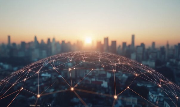 shake with world globe cityscape, abstract vision, and futuristic network links business disruptive partners. connection to 5G Blockchain technology innovation digital transformation leadership