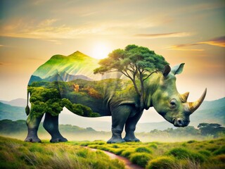 Fototapeta premium Captivating Double Exposure of a Majestic Rhinoceros Blending with Serene Natural Landscapes, Evoking the Beauty of Wildlife and Conservation Efforts
