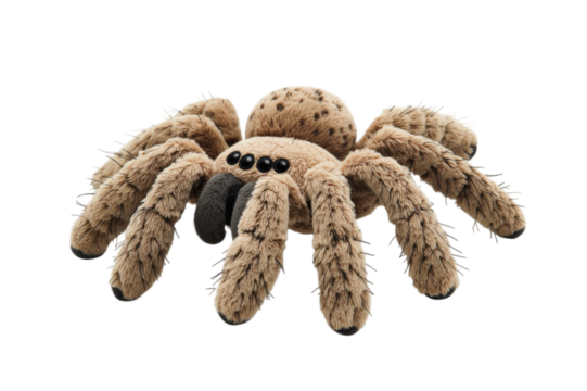 Soft plush spider toy isolated on transparent background for children.