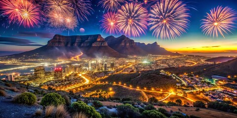 Fototapeta premium Captivating Double Exposure of Table Mountain Celebrating Happy New Year 2025 in Cape Town, South Africa, with a Beautiful Landscape and Festive Atmosphere