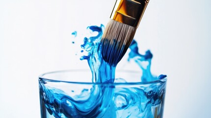 A paintbrush soaking in a glass of water, with blue paint slowly mixing into the liquid, creating swirling effects, against a bright white backdrop.