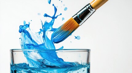 A paintbrush soaking in a glass of water, with blue paint slowly mixing into the liquid, creating swirling effects, against a bright white backdrop.