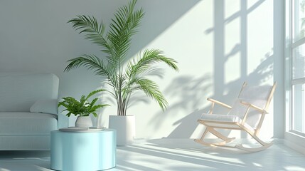 Fototapeta premium A palm plant in a bright living room, placed on a light blue table next to a rocking chair and stylish sofa.