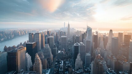 Obraz premium Aerial view of a modern city skyline under a cloudy sky during sunrise.