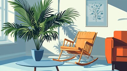 Fototapeta premium A palm plant in a bright living room, placed on a light blue table next to a rocking chair and stylish sofa.