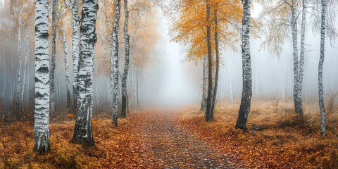 Misty Autumn Path Through Birch Tree Forest