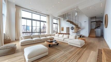 Fototapeta premium Spacious modern loft with stunning city views and elegant design in a contemporary New York apartment. Generative AI