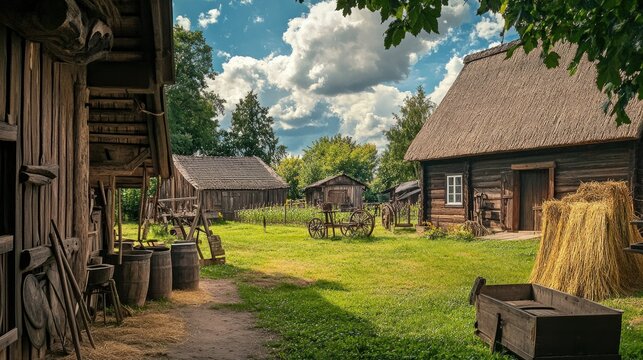 A peaceful scene from the Open Air Museum Lehde, featuring traditional agricultural displays, craft-making tools, and cultural art exhibits.