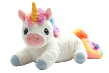 Soft plush unicorn toy isolated on transparent background for children.