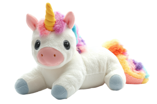Soft plush unicorn toy isolated on transparent background for children.