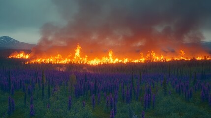 Obraz premium Misty Forest at Dawn with Vibrant Wildflowers Creating a Serene and Enchanting Landscape Scene