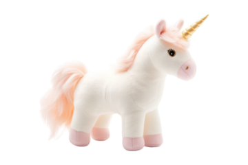 Soft plush unicorn toy isolated on transparent background for children.