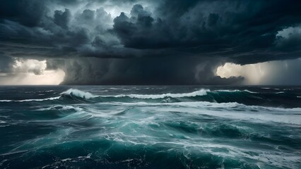 Naklejka premium A fierce hurricane over a turbulent ocean, dark clouds swirling, high waves crashing under stormy skies, dramatic aerial angle, illuminated by sporadic lightning.