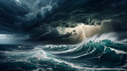 A fierce hurricane over a turbulent ocean, dark clouds swirling, high waves crashing under stormy skies, dramatic aerial angle, illuminated by sporadic lightning.