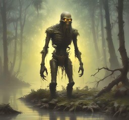 Fototapeta premium Illustration of creepy mummy with dark landscape.