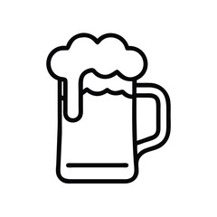 Beer mug with foam outline icon, Simple black and white outline icon of a beer mug with foam on top, symbolizing celebration or drinks, isolated on a white background.