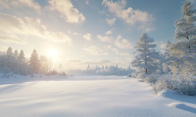 Obraz premium Snowy landscapes with vast white fields, untouched snow, and delicately snow-covered trees create a magical atmosphere of serenity and purity