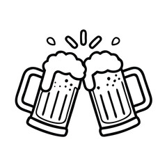 Beer mugs clinking outline icon, Black and white outline icon of two beer mugs clinking with foam spilling over, representing celebration or cheers, isolated on white.