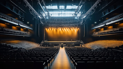 Fototapeta premium Large empty auditorium with stage and rows of seats, illuminated by spotlights, featuring modern architecture and extensive lighting rigs in a concert hall setting.