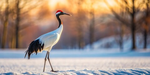 Captivating Red-Crowned Crane on Snowy Landscape with Selective Focus in Architectural Photography Style and Softly Blurred Background for Nature Enthusiasts and Wildlife Lovers