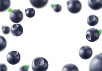 Fresh ripe flying blueberries with green leaves frame with empty space. Realistic 3d vector natural border with fruits for healthy food packaging design. Wild forest dark juicy berry with greenery.