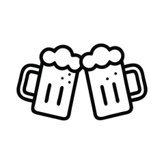 Beer mugs clinking outline icon, Black and white outline icon of two beer mugs clinking with foam spilling over, representing celebration or cheers, isolated on white.