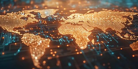 The world map is a collection of information light rays displayed with holographic technology, finance, logistics, technology, trade, background, wallpaper