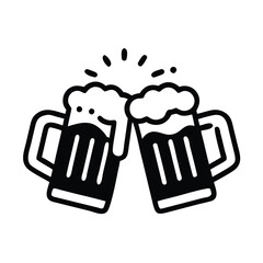 Beer mugs clinking outline icon, Black and white outline icon of two beer mugs clinking with foam spilling over, representing celebration or cheers, isolated on white.
