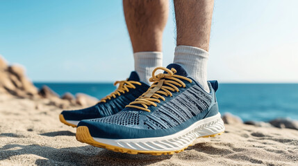 Naklejka premium Close-up of a person wearing sporty blue and yellow sneakers on sandy beach with sea in the background