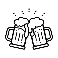 Beer mugs clinking outline icon, Black and white outline icon of two beer mugs clinking with foam spilling over, representing celebration or cheers, isolated on white.